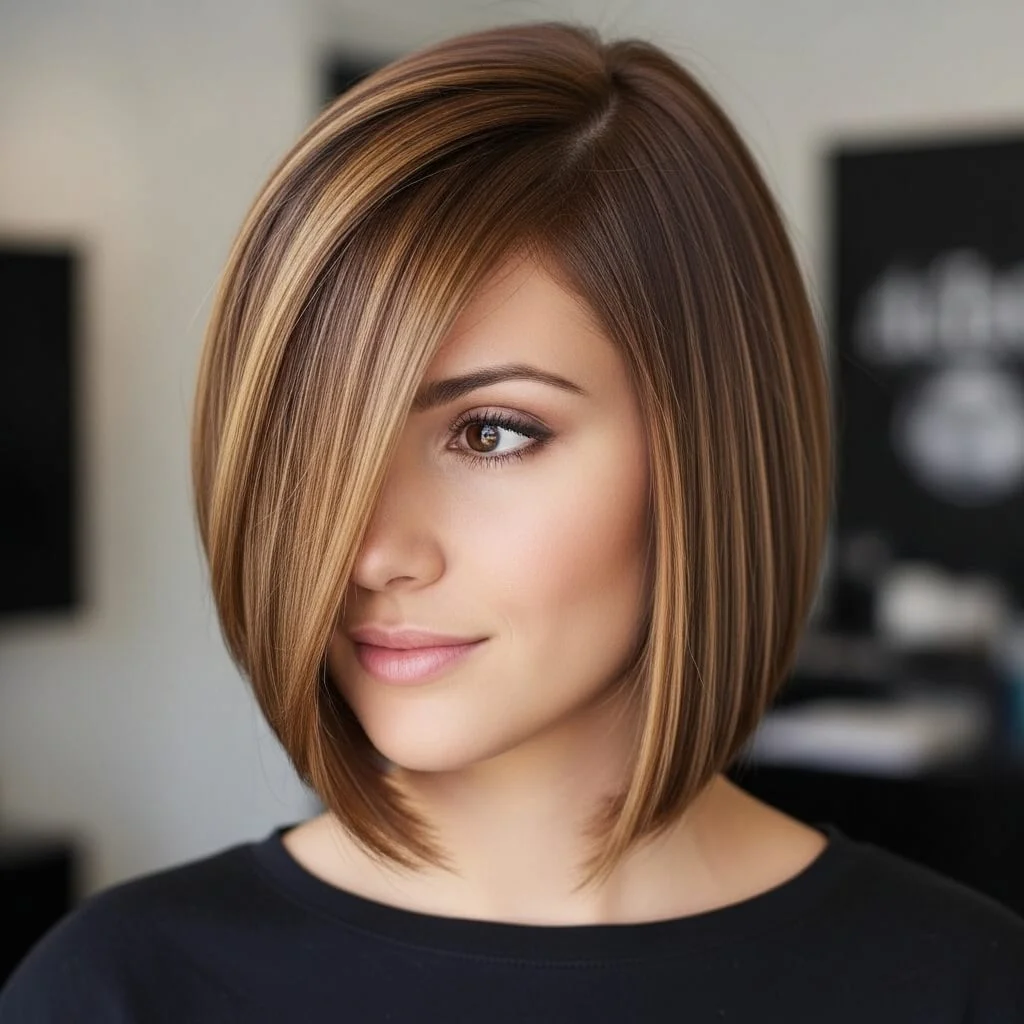 16. Sleek Asymmetrical Bob with Highlights
