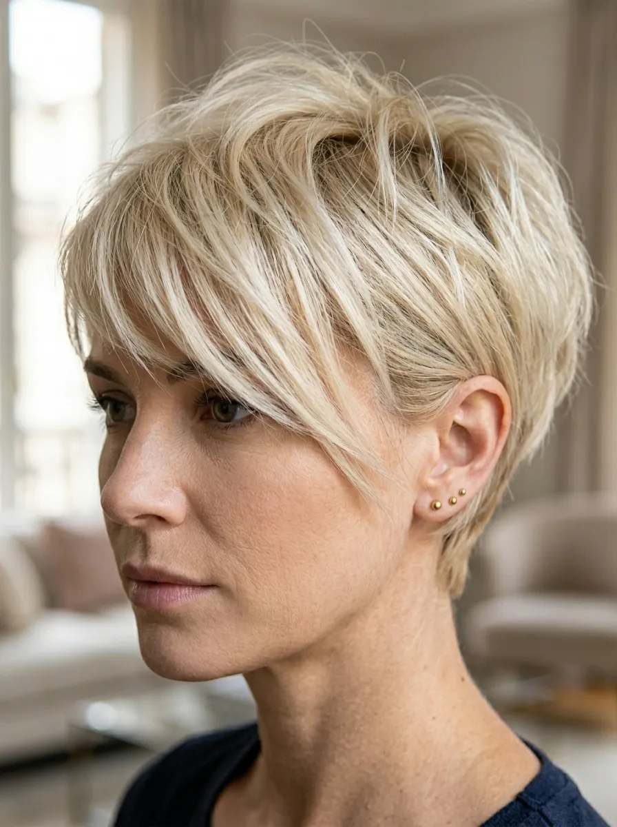 Bright Blonde Pixie with Angular Fringe