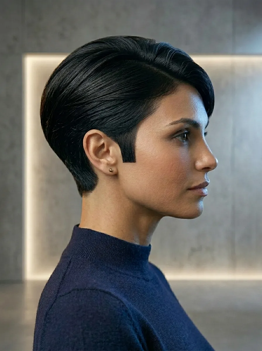 Short Black Pixie With Strong Temple Lines