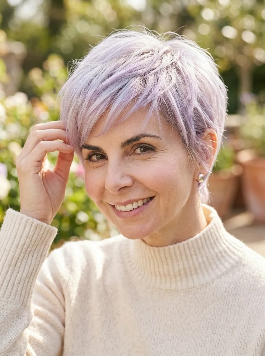 Layered Pixie with Lavender Undertones