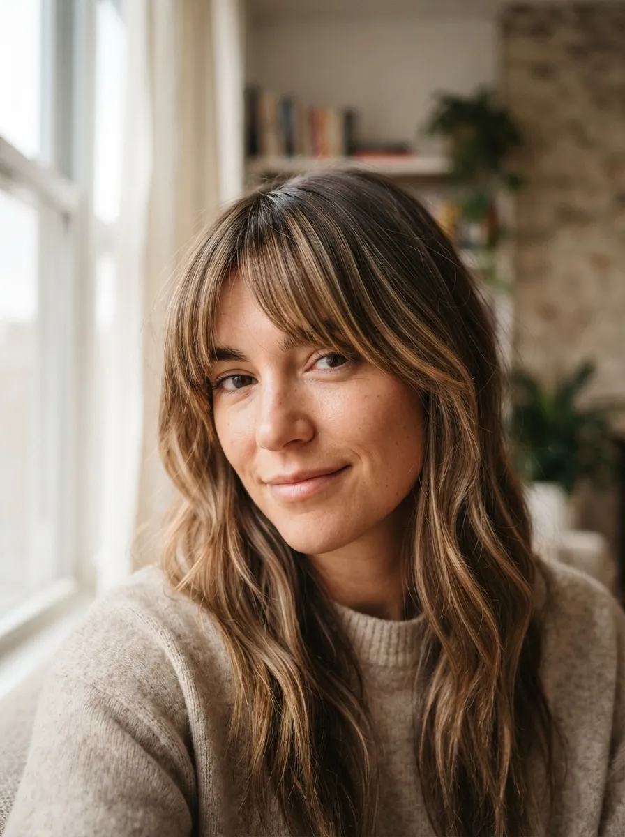 Long Bangs with Balayage Highlights