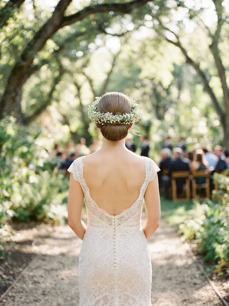 Sleek Bun With Baby's Breath Crown