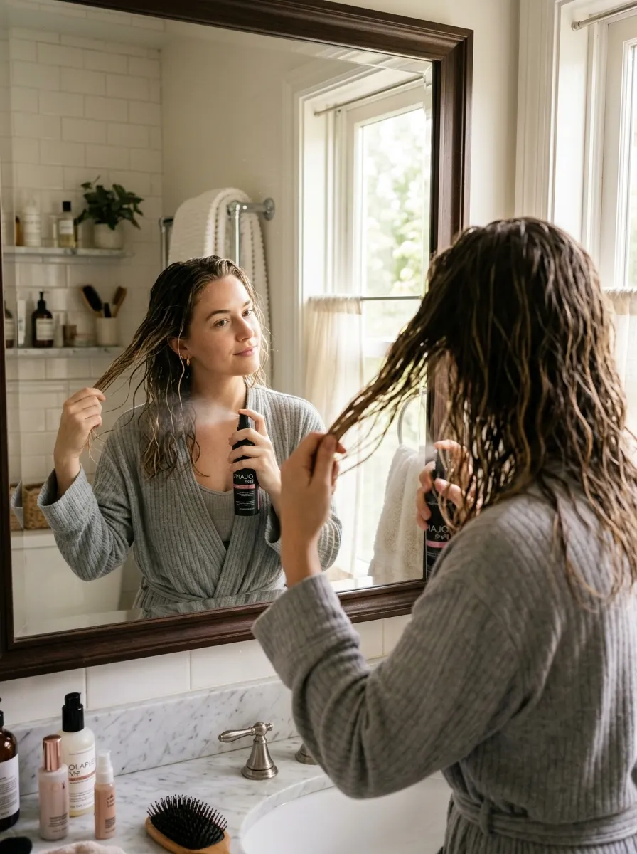 applying heat protectant spray