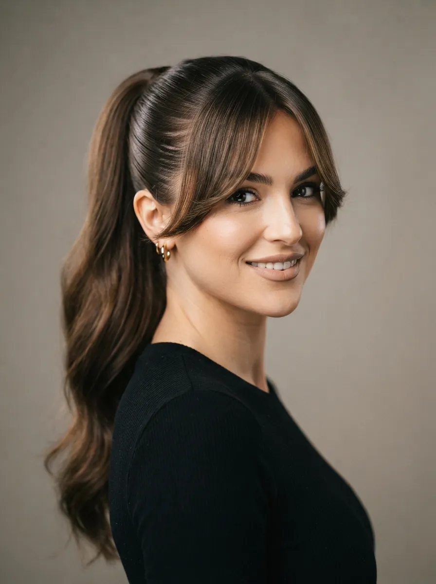 Long Curtain Bangs Paired with a Ponytail