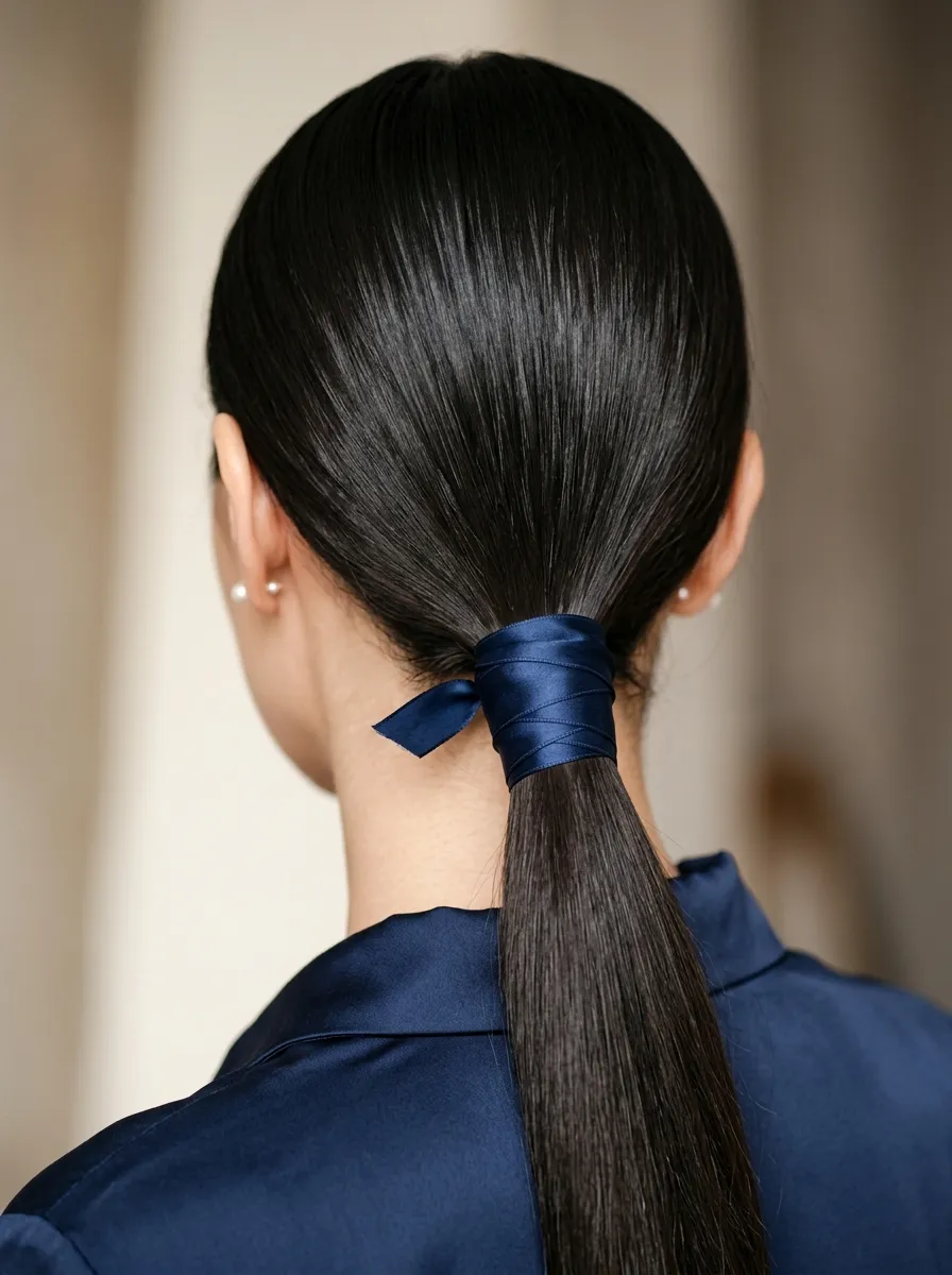 Straight Hair Wrapped Ponytail With Ribbon
