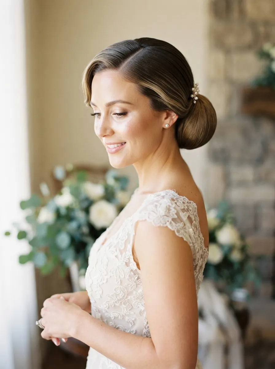 Low Bun With Deep Side Part