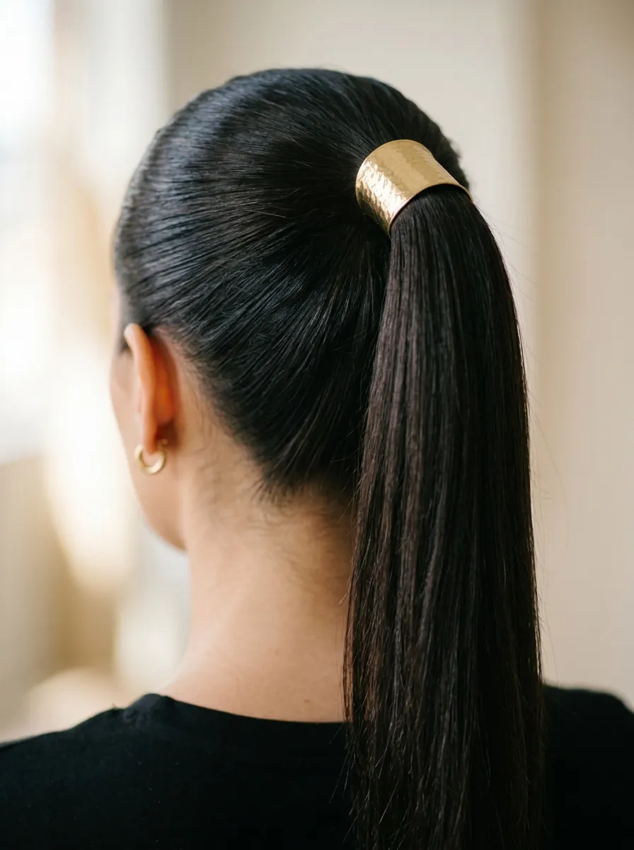 High Ponytail With A Gold Cuff Accessory