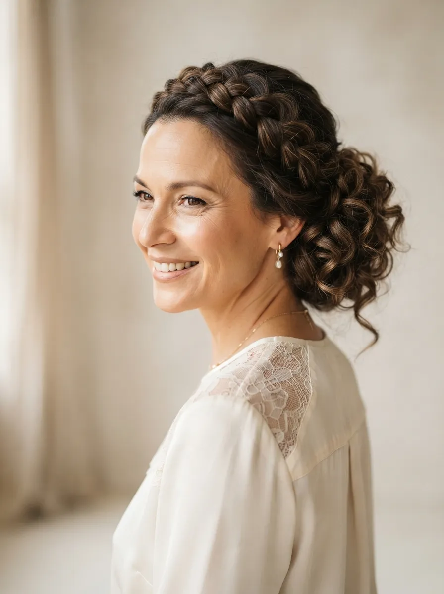 Curly Hair Updo With Braided Crown