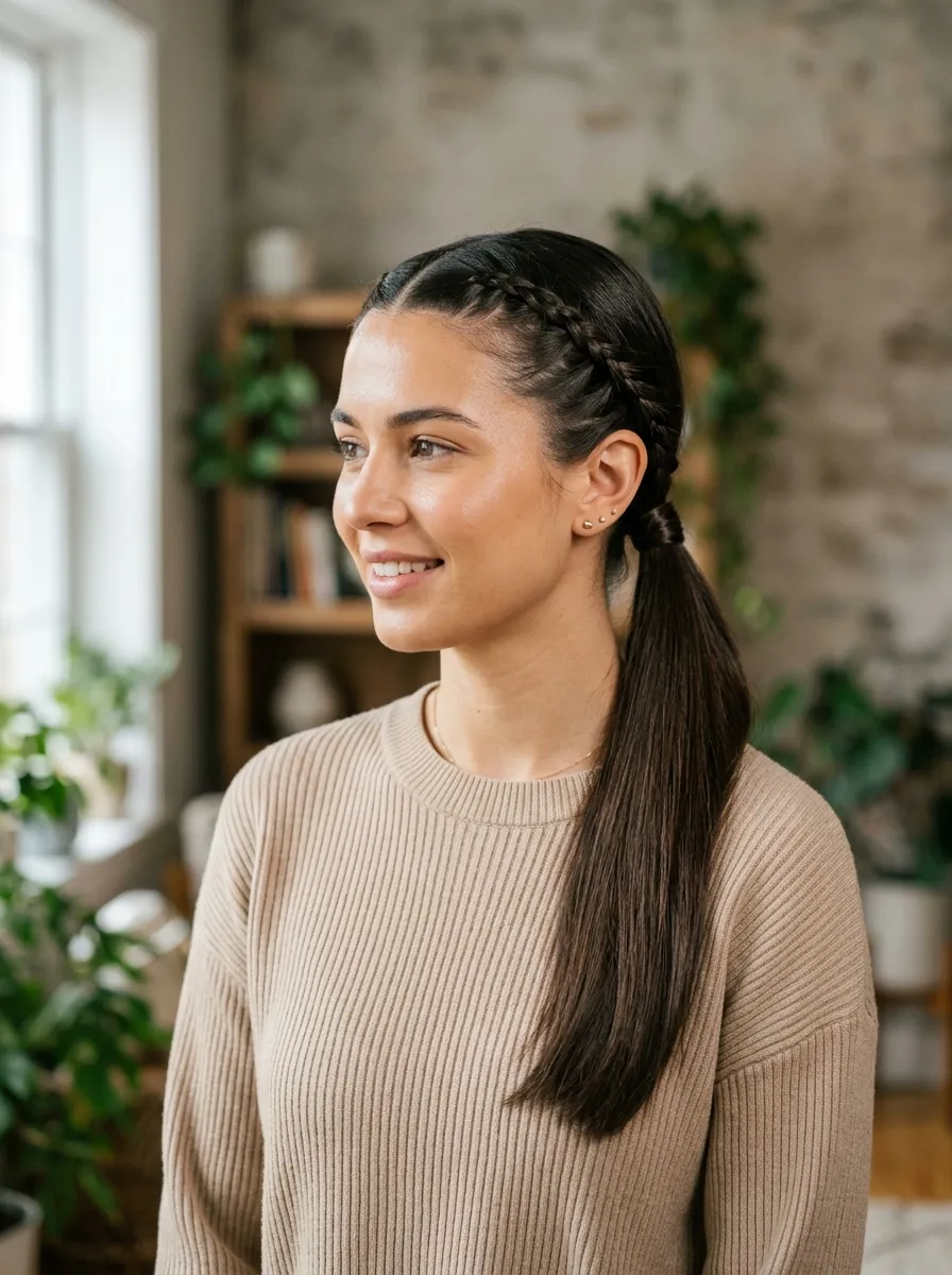 Straight Hair Twin Braids Into Ponytail