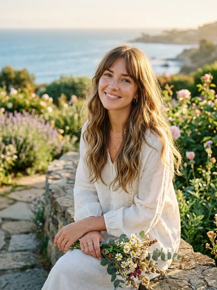 Bangs Styled with a Center Part and Waves
