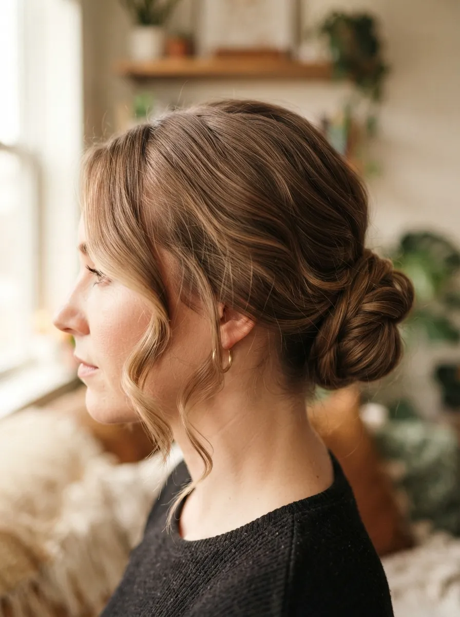 Bun with Face Framing Curls Left Out