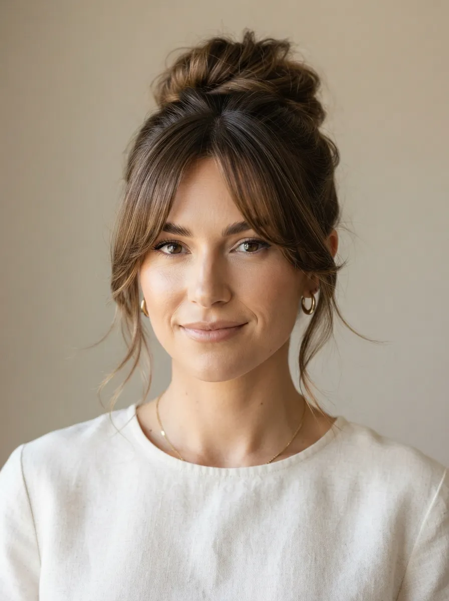 Long Curtain Bangs with a Middle Bun