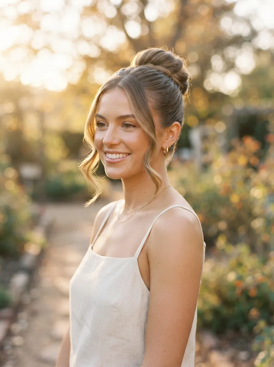 High Bun With Face Framing Layers