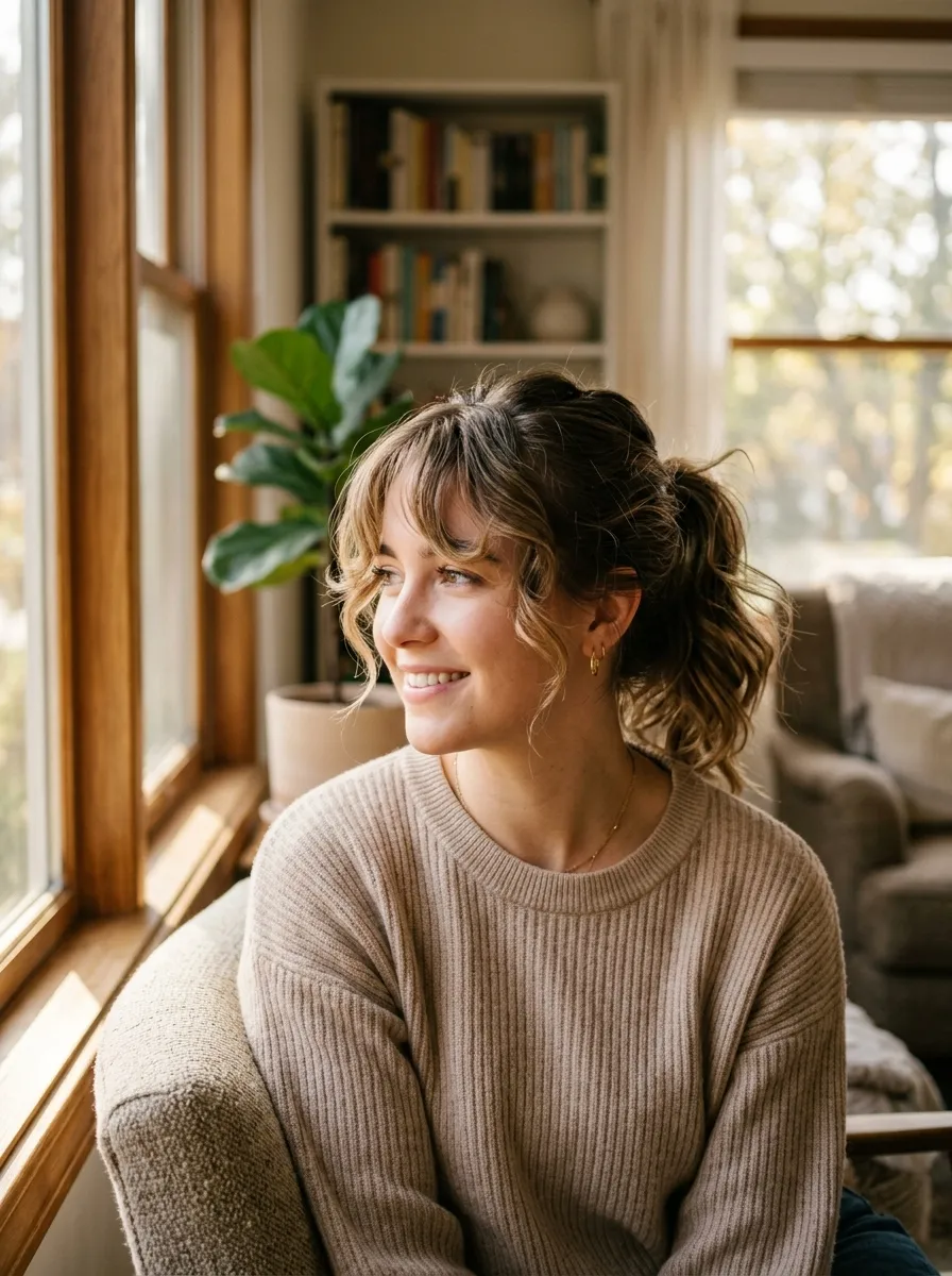 Ponytail with Curtain Bangs Left Out