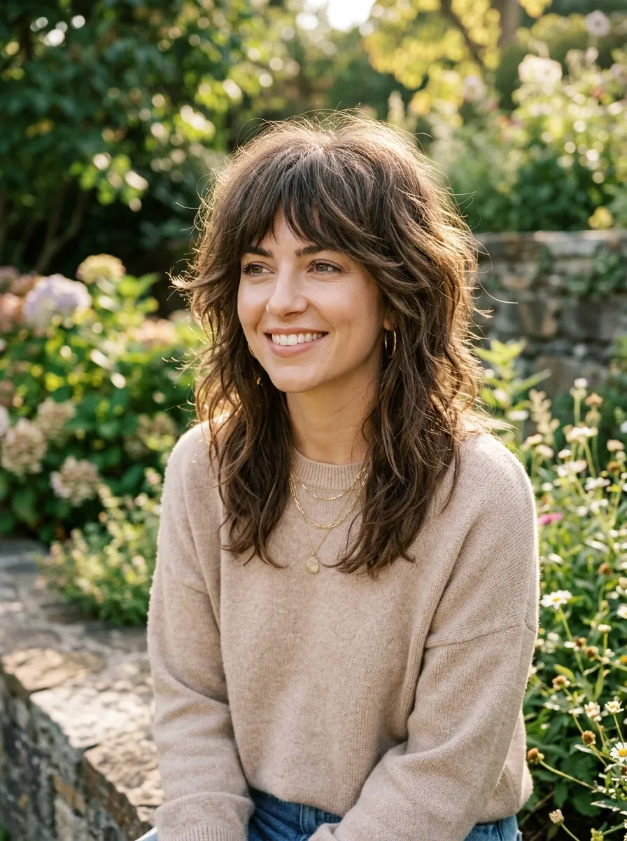 Bangs with a Blunt Center Part and Long Length