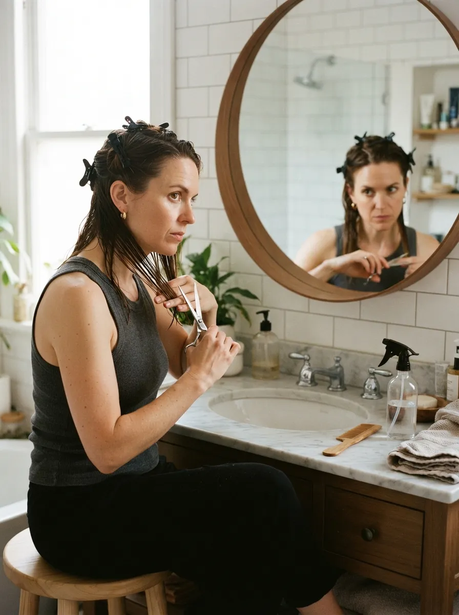 woman sitting in front of a bathroom mirror with damp hair