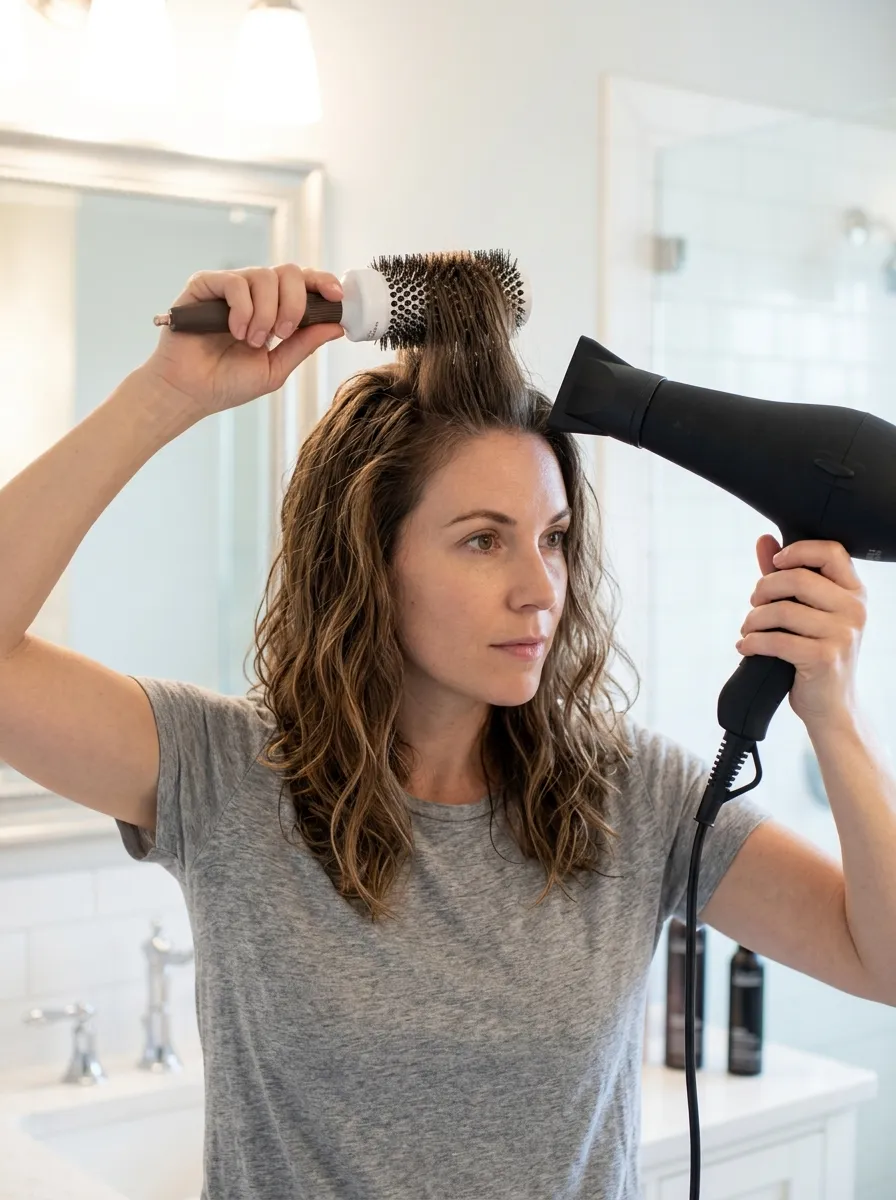 Close up of a woman blow drying her roots