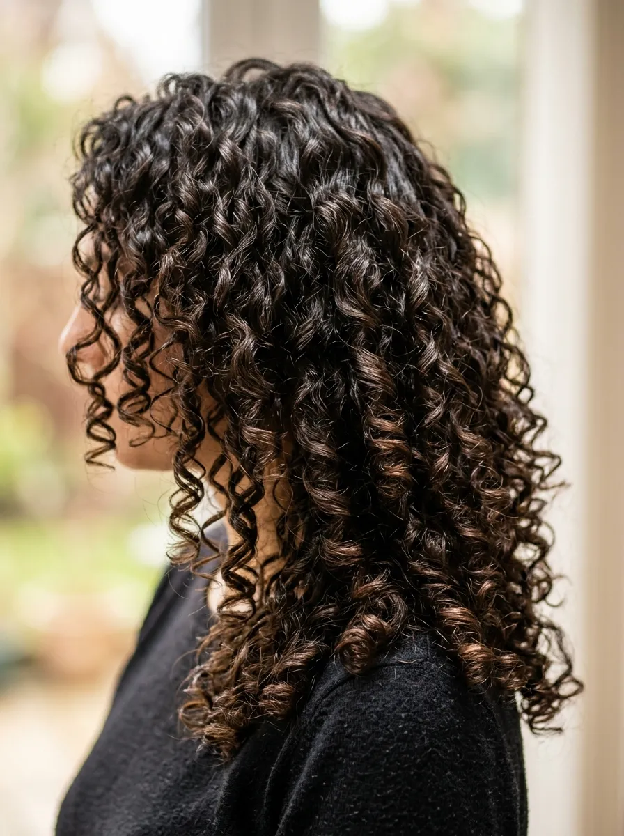 Close up of shiny, well defined curly hair