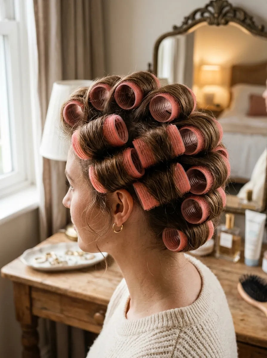 hair rollers set neatly into voluminous hair
