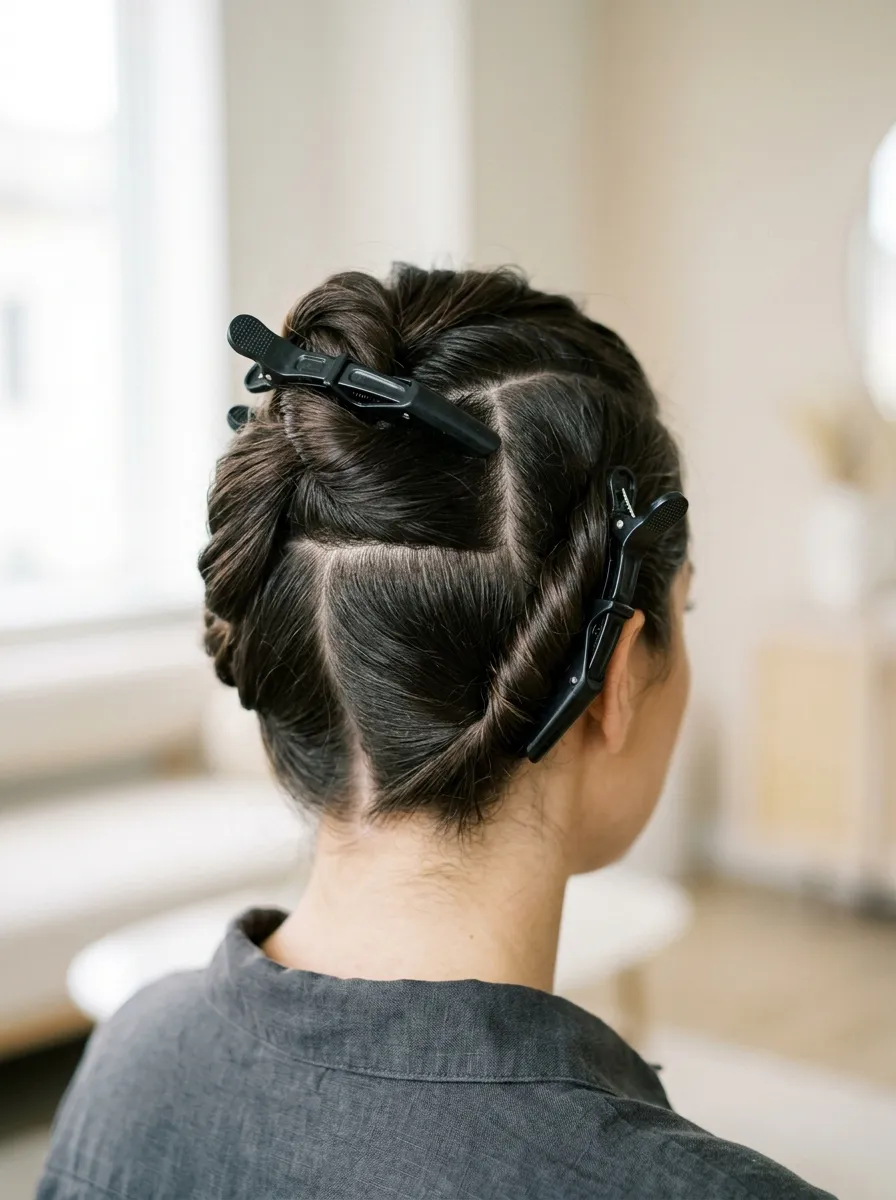 hair neatly sectioned and clipped up,