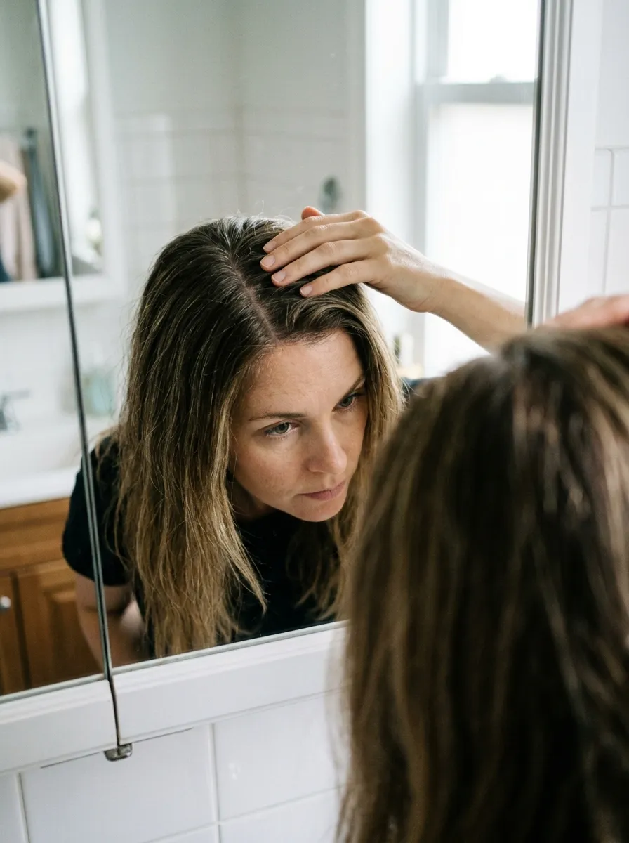 Woman examining her hair part in a bathroom mirror
