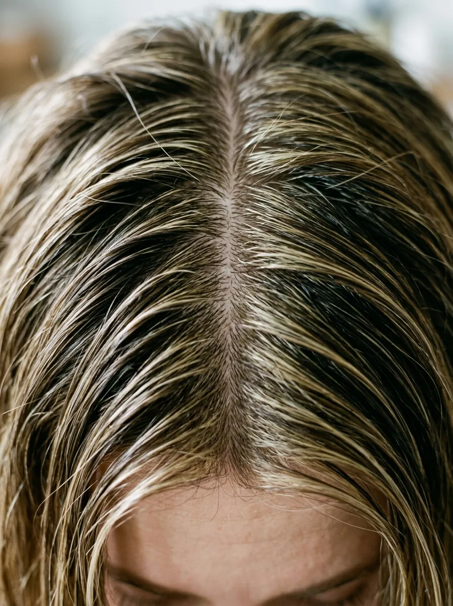 oily roots in a bathroom mirror