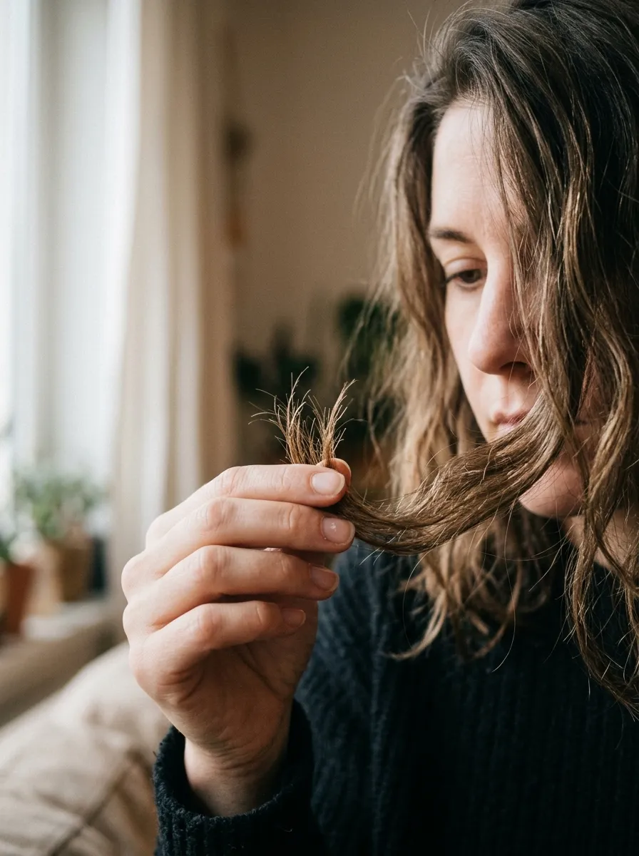 woman examining split and broken ends of her hair