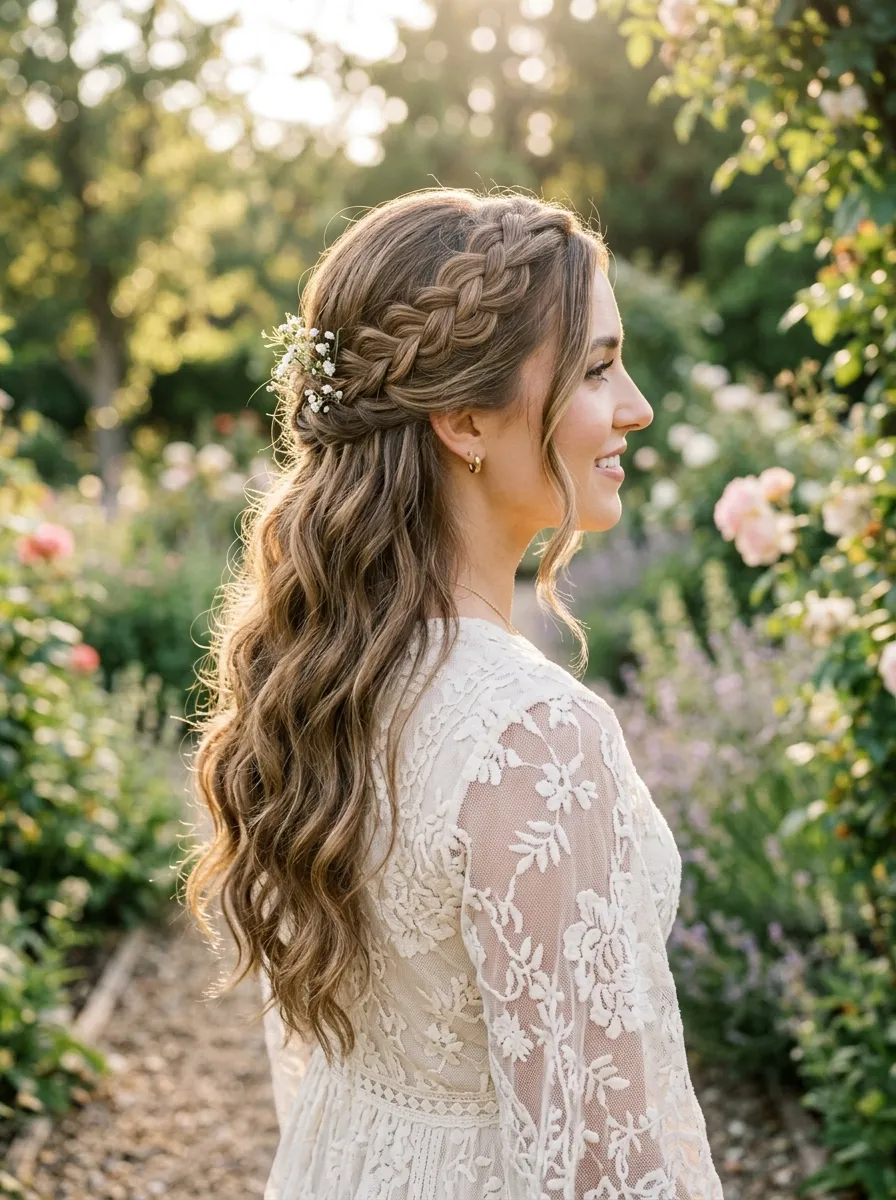 Braided Half Crown with Loose Waves