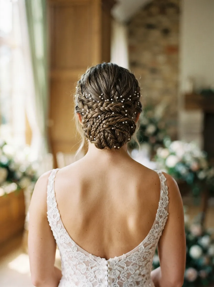 Low Bun With Micro Braids Woven In
