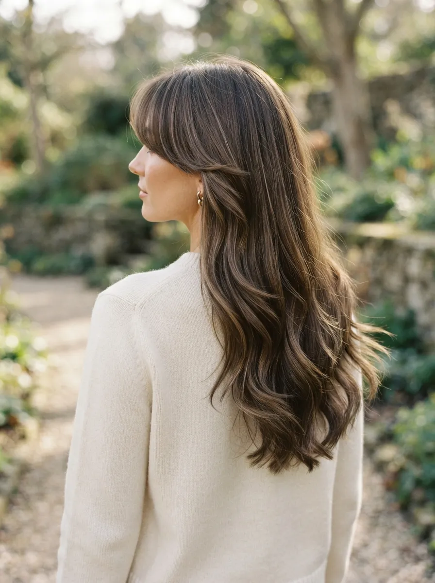 Curtain Bangs Paired with Long Layers and Bangs Blend