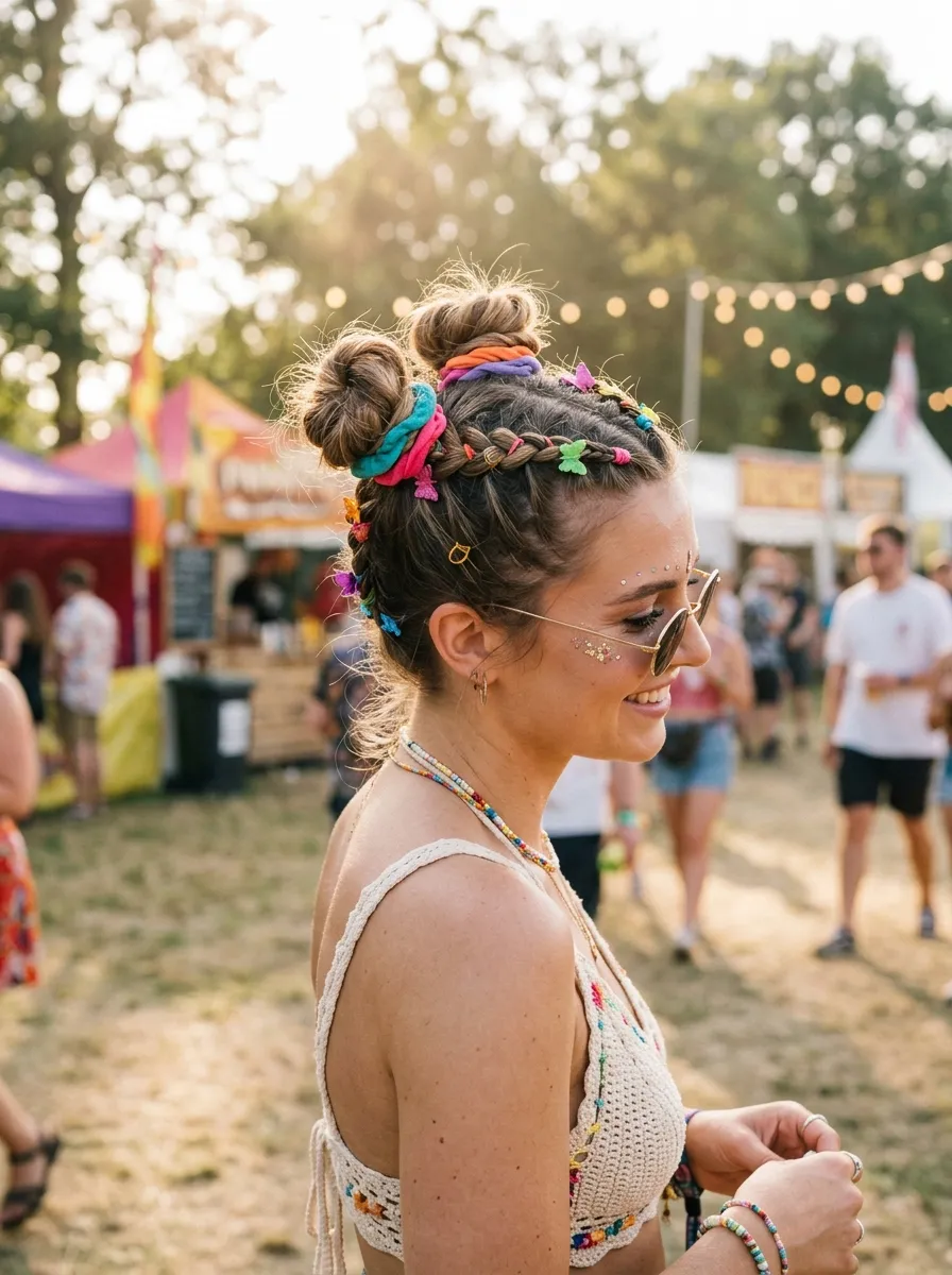 Twisted Space Buns with Braided Base