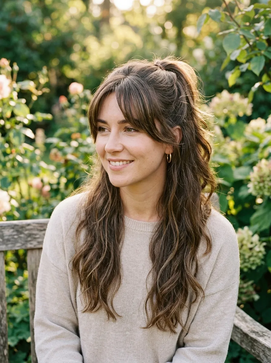 Curtain Bangs With Half Up Layered Styling