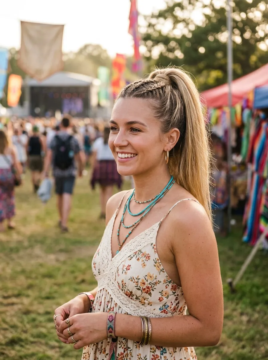 Festival High Ponytail With Braided Accents