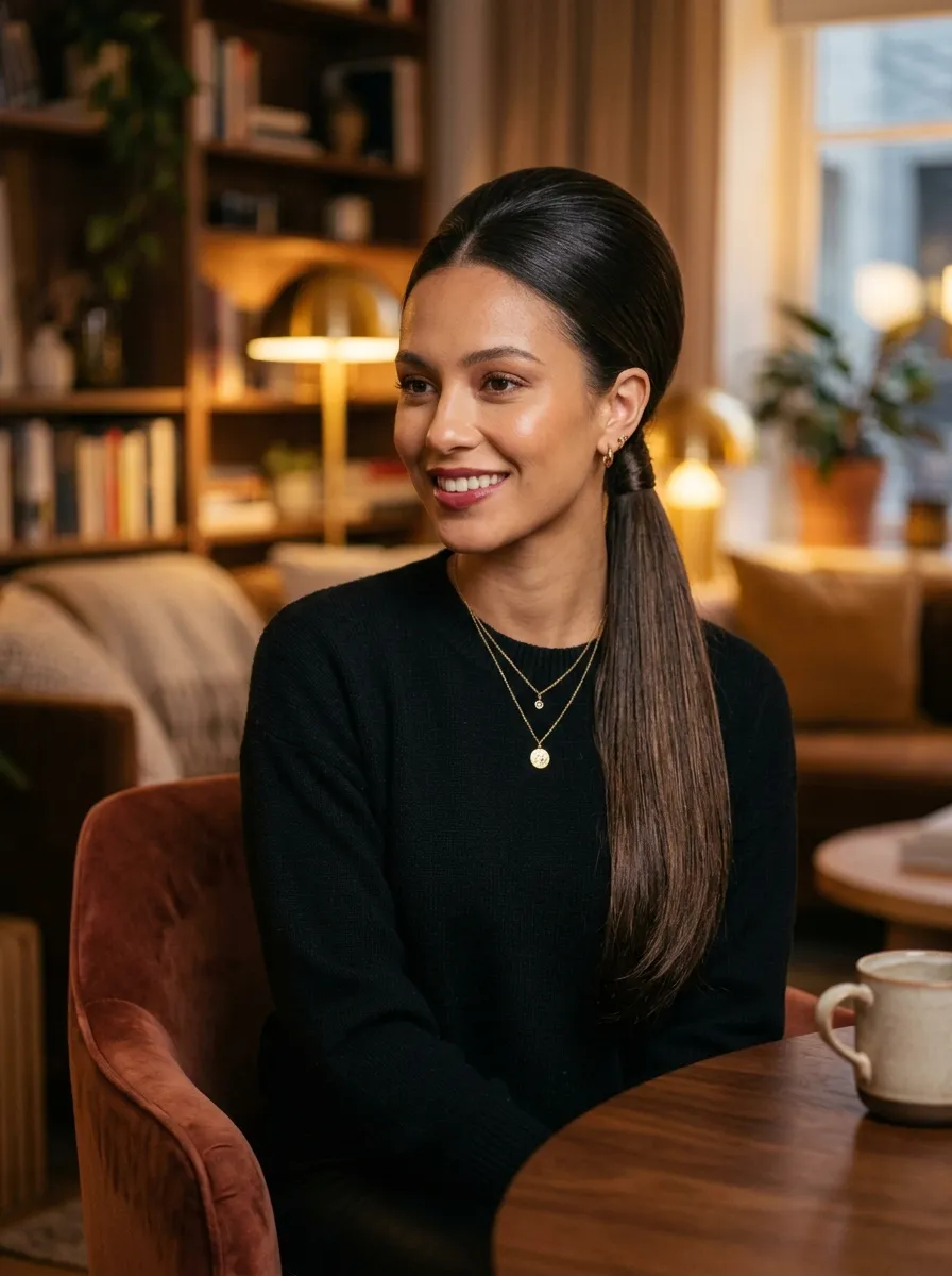 Straight Hair Low Ponytail With Bump