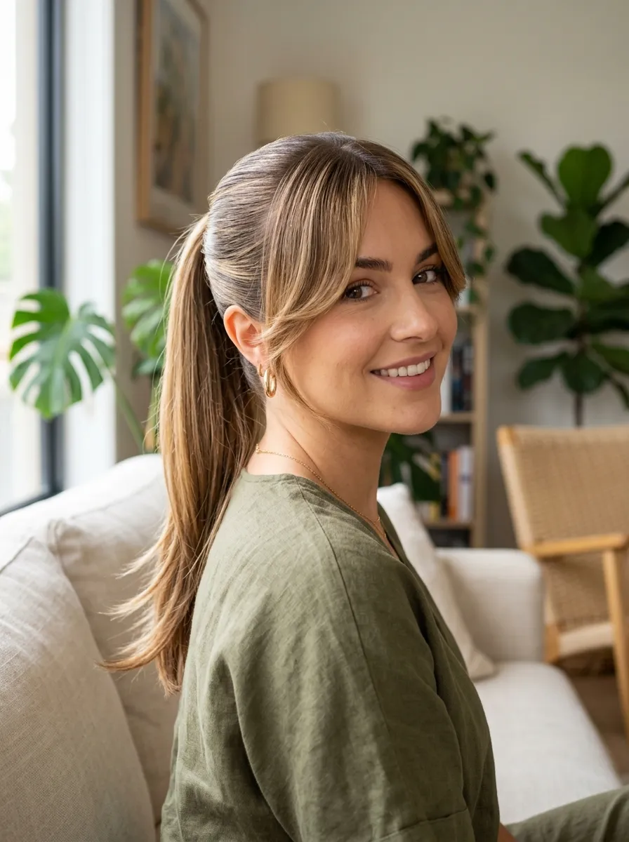 Curtain Bangs With Ponytail Styling