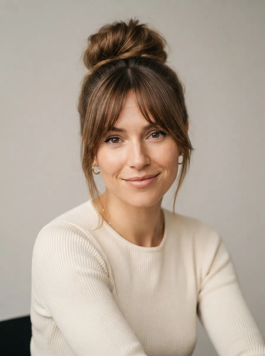 Long Bangs with a High Bun
