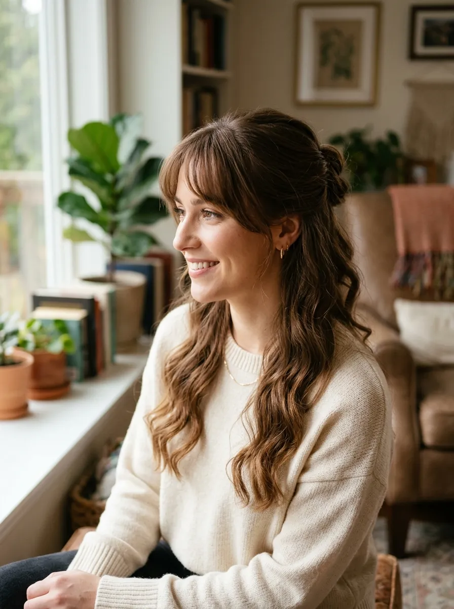 Bangs Incorporated Into A Half Up Style