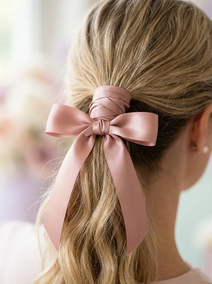 Ponytail with a Center Bow Ribbon