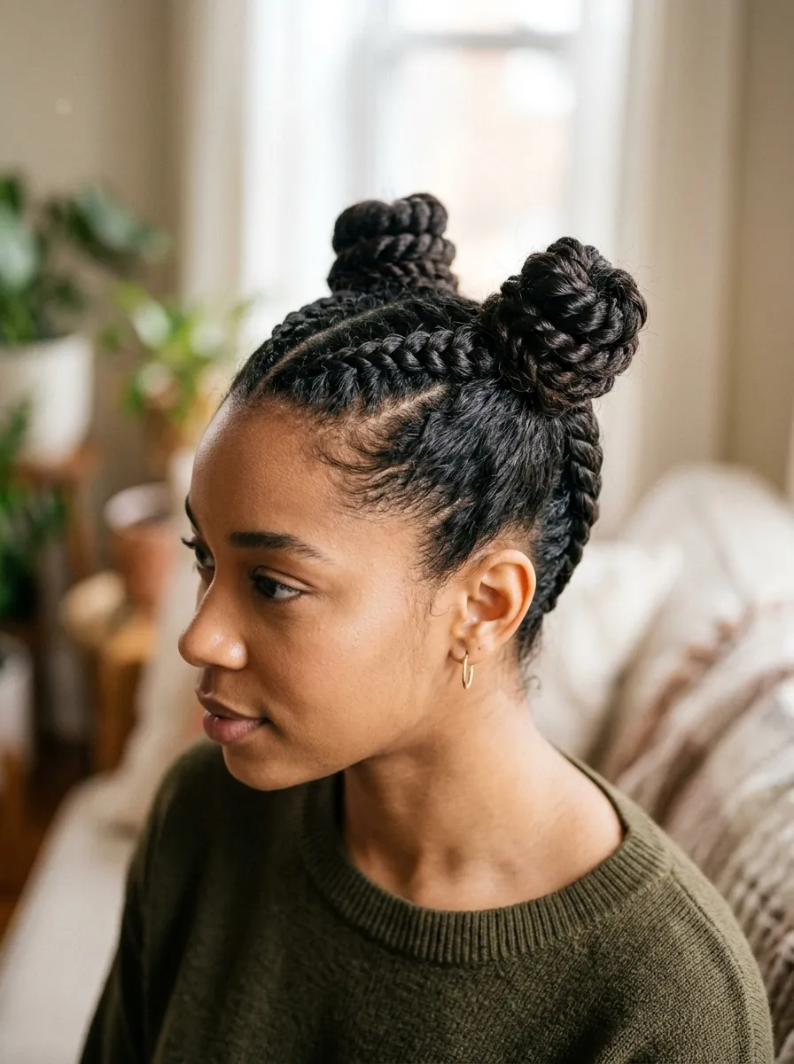 Twisted Space Buns with Braided Base