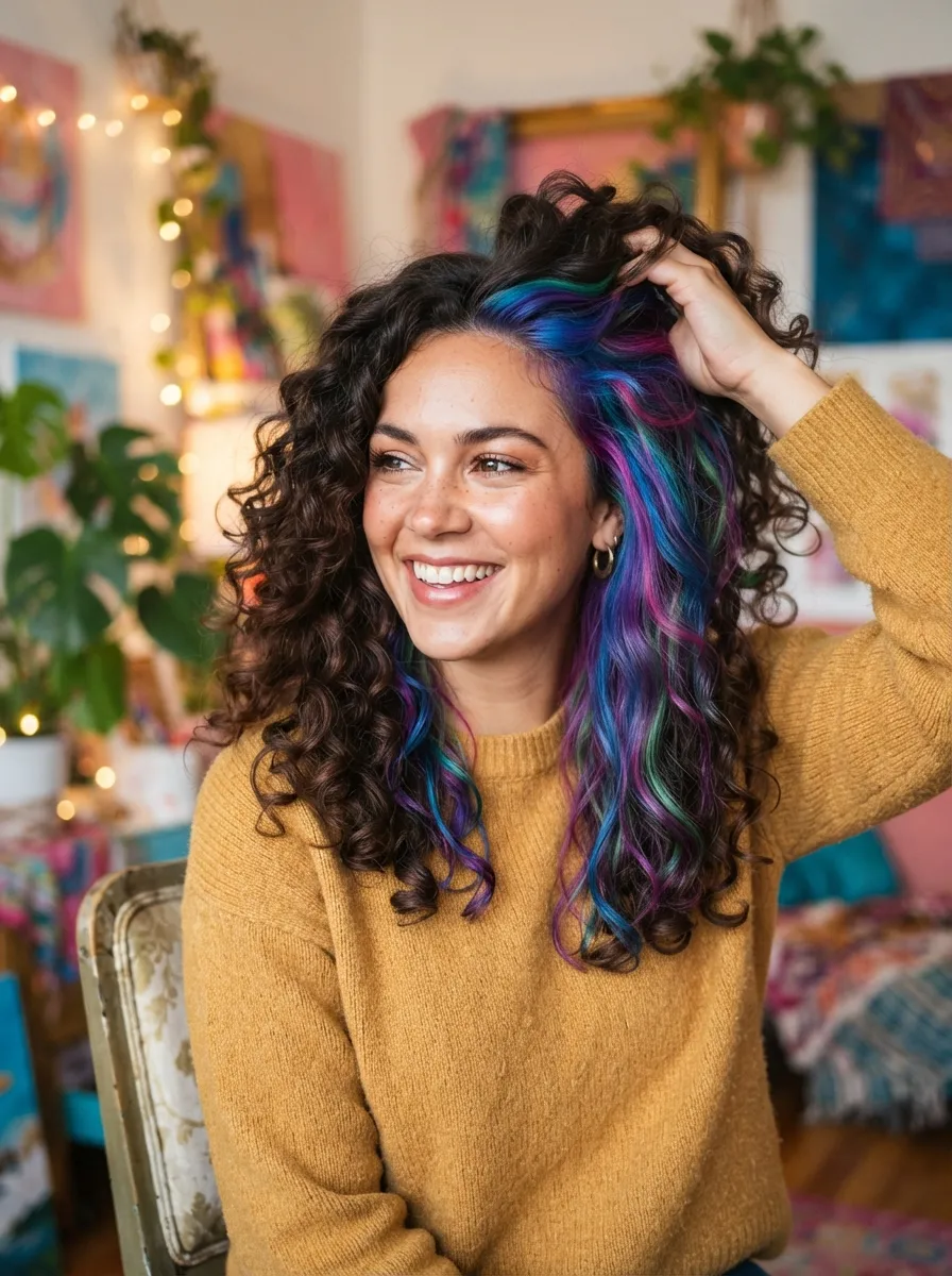 Curly Hair With Colorful Peekaboo Highlights