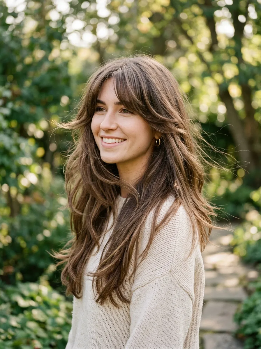 Long Layered Curtain Bangs With Face Framing Layers