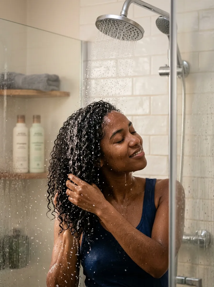 Woman rinsing curly hair under a cool shower stream