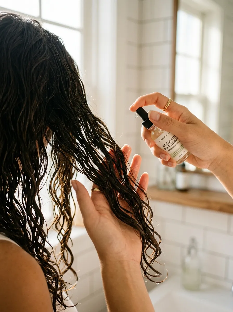 lightweight hair serum being applied to damp thick hair