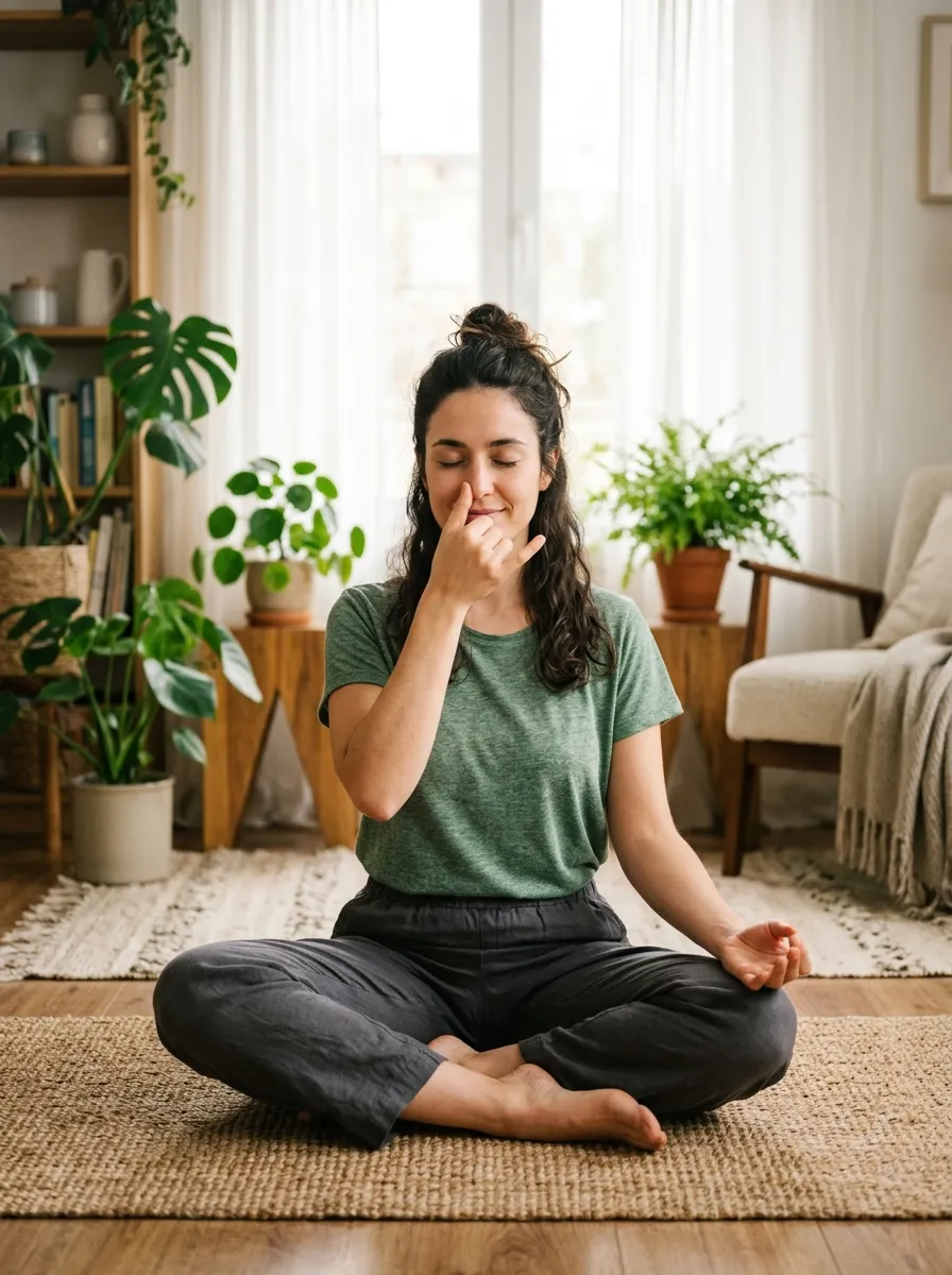 Woman practicing a calming breathing exercise at home