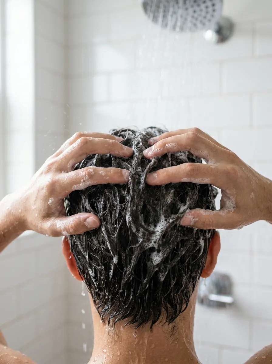 hands massaging shampoo into scalp under running water