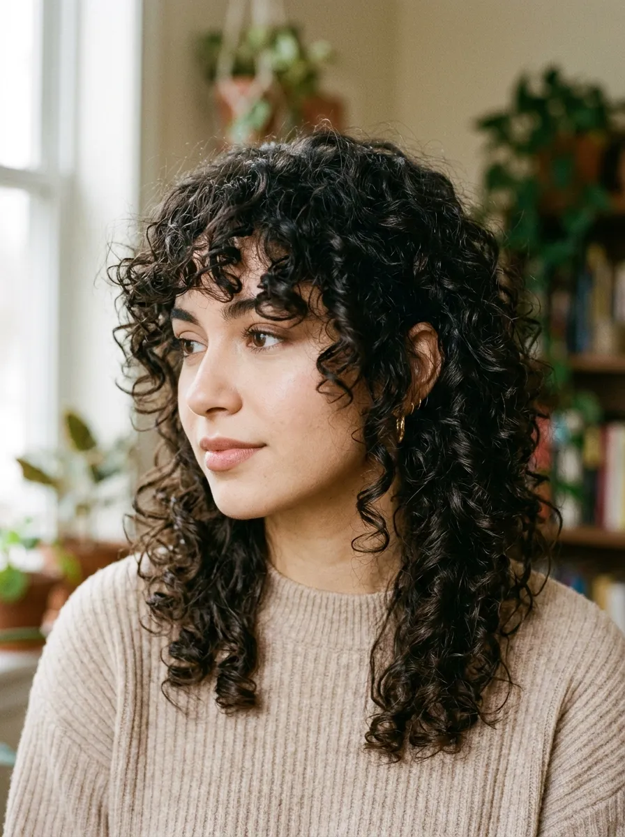 curly hair styled in a wolf cut