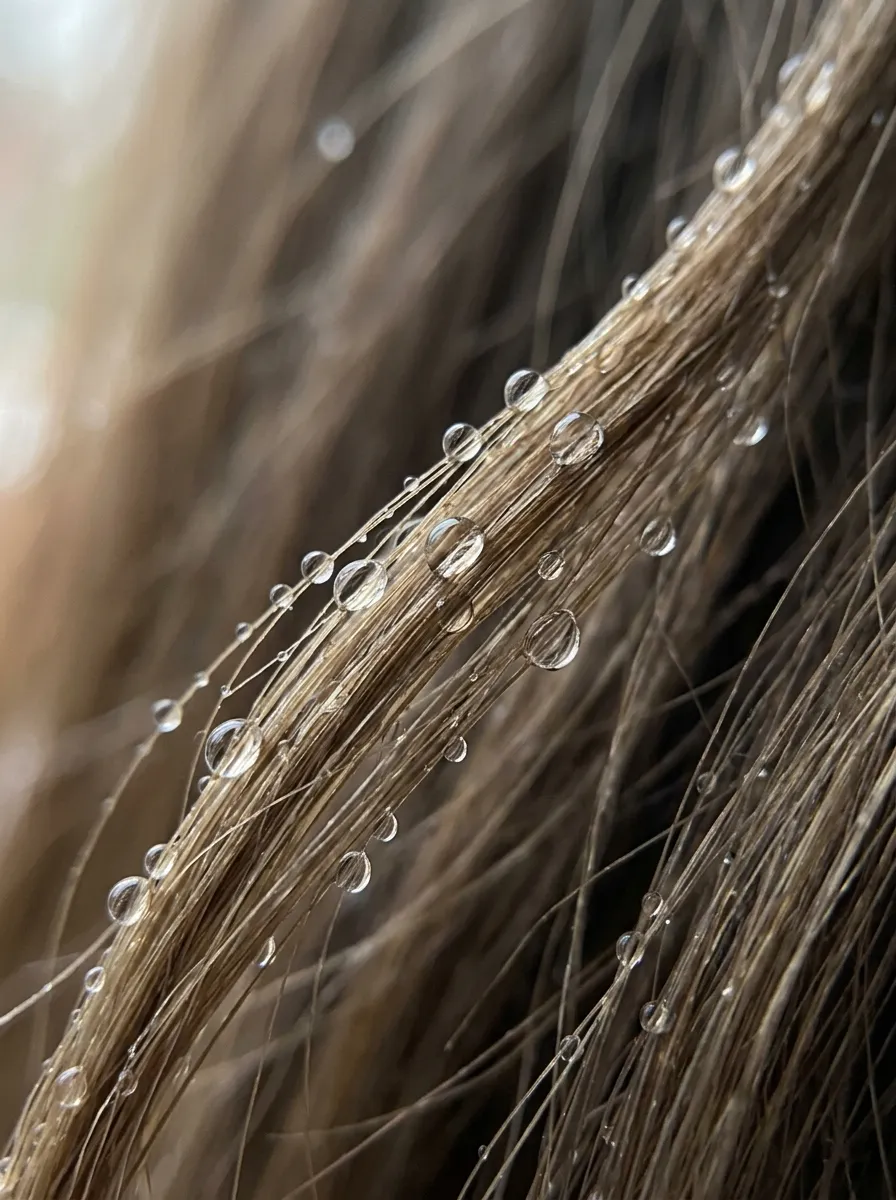 Water droplets sitting on top of hair