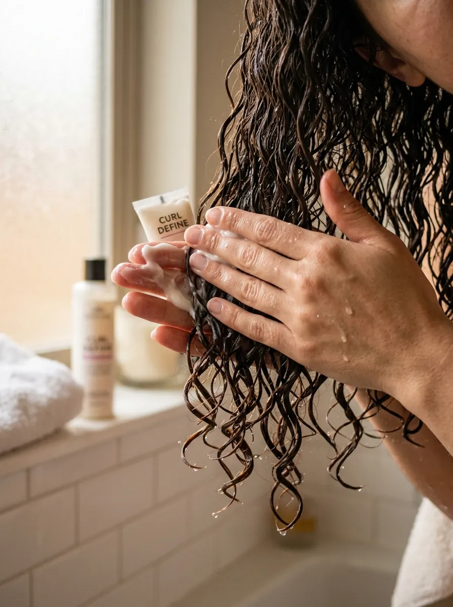 Curl cream being applied to soaking wet