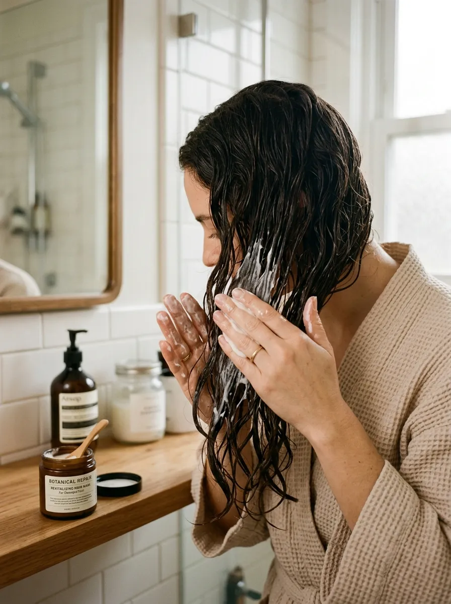Close up of a hair mask being applied to damp hair