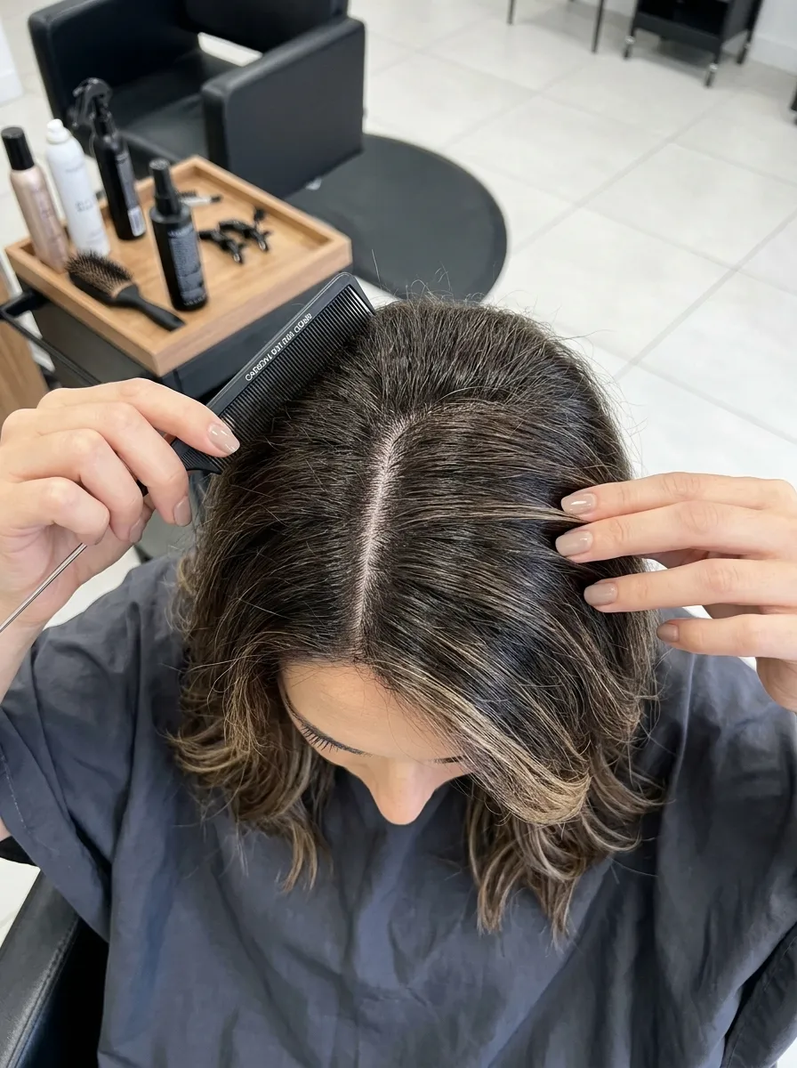 woman parting her hair with a comb